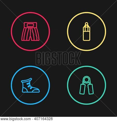 Set Line Sport Boxing Shoes, Expander, Punching Bag And Boxing Short Icon. Vector
