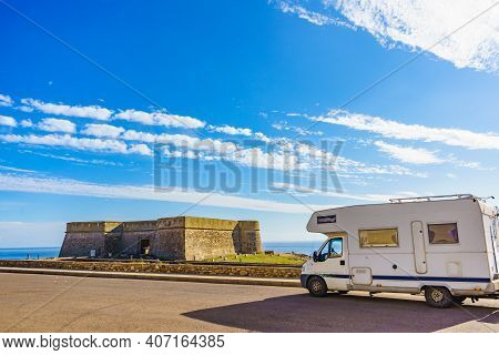 Caravan On Coastal Fortification, Castle Near The Town Of Los Banos De Guardias Viejas, Almeria Prov