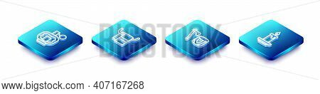 Set Isometric Line Aftershave, Towel On Hanger, Wooden Axe In Stump And Aroma Candle Icon. Vector
