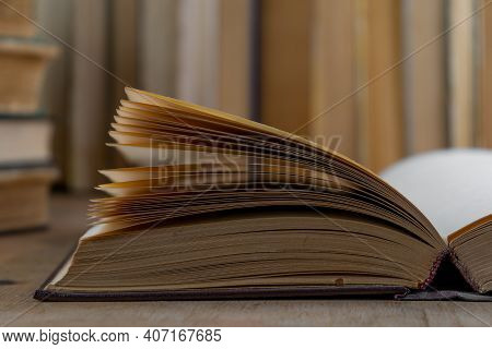 Book Background. Old Books In The Library. Bookshelf Shop. Knowledge, Publications, Literature. Book