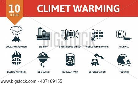 Climet Warming Icon Set. Collection Contain Natural Oxygen, Greenhouse Effect, World Temperature, Vo