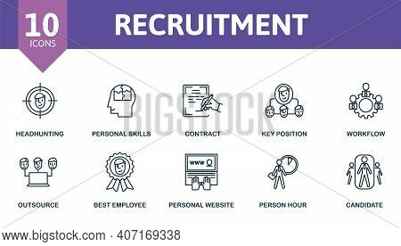 Recrutment Icon Set. Collection Contain Workflow, Best Employee, Winner, Contract, Key Position And 