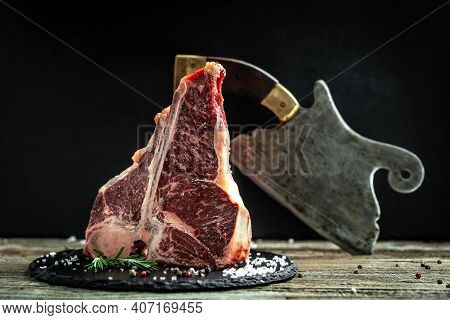 Raw T-bone Steak For Grill Or Bbq On Slate Board And Woden Rustic Background, Banner, Menu, Recipe, 