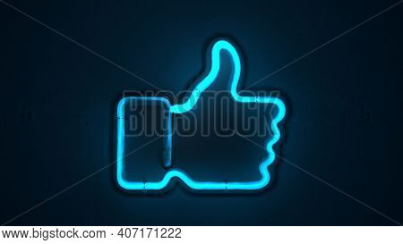 Thumbs Up Icon Shaped Neon Lamp. Social Network Communication Concept. 3d Rendering
