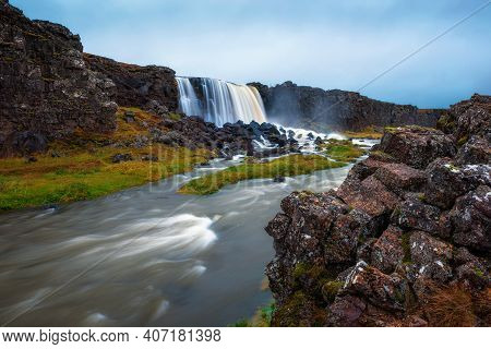 Oxarafoss Waterfall In Iceland. Oxarafoss Also Called Oxararfoss Is Located In The Thingvellir Natio
