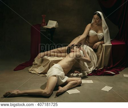 Touch. Modern Remake Of Classical Artwork - Young Medieval Couple On Dark Background, Golden Colored