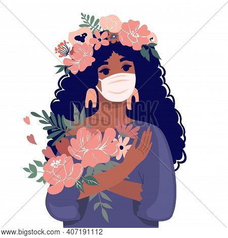 A Cute Girl In A Mask Holds A Bouquet Of Flowers. Vector Stock Illustration. Design For The Holiday 