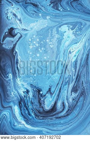 Free Flowing Blue And White Acrylic Paint. Random Waves And Curls. Abstract Marble Background Or Tex