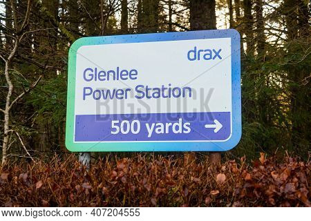 Glenlee, Scotland - December ‎24, ‎2020: Drax Sign For Glenlee Power Station On The Galloway Hydro E