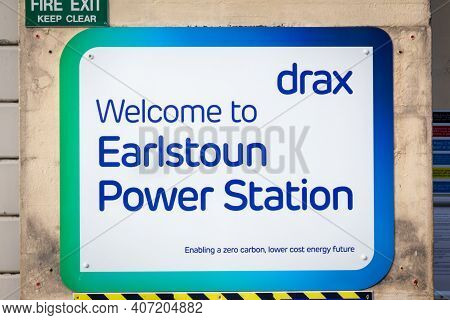 Earlstoun, Scotland - December ‎24, ‎2020: Drax Sign For Earlstoun Power Station On The Galloway Hyd
