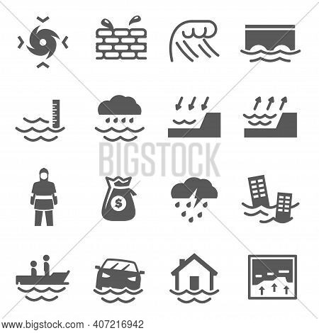 Tsunami, Inundation Bold Black Silhouette Icon Isolated On White. Deluge, Spate, Tornado.