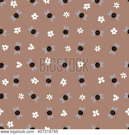 Seamless Pattern With Bees And Flowers On Beige Background. Adorable Cartoon Wasp Characters. Templa