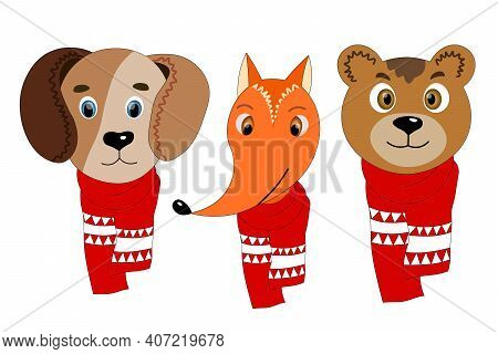 Set With Colorful Cute Animal Face In A Winter Scarf. Dod, Fox, Bear. Isolated Objects. Cartoon Flat