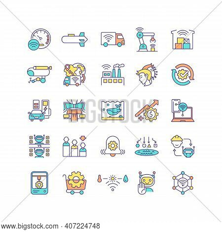 Industrial Iot Rgb Color Icons Set. Manufacturing Automation. Self-driving Car. Factory With No Huma