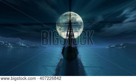 Old Ship In The Night Full Moon 3d Render Illustration