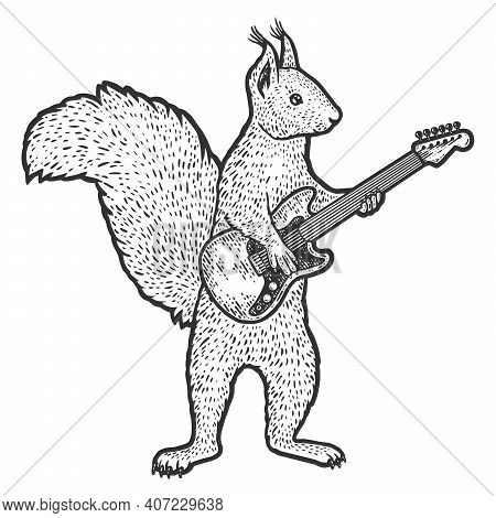 Squirrel Plays The Electric Guitar. Engraving Raster Illustration.