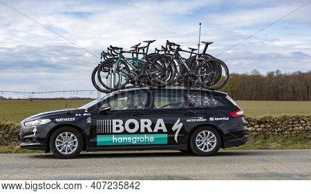 Fains-la-folie, France - March 5, 2018: The Technical Car Of Bora Hansgrohe Team Driving On A Countr