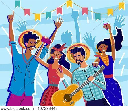 Male And Female Characters Are Celebrating Festa Junina. Latin American Party June Party Of Brazil W