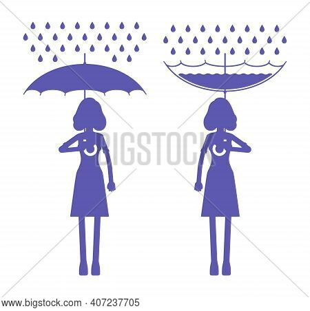 Rainwater Harvesting Woman, Rwh Icon, Collection And Storage Of Rain. Drops Catchment Technology Wit