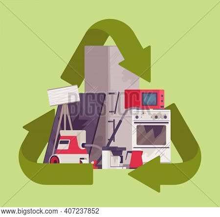 Recycling Green Symbol For Piled Electrical Appliances. Environment Care For Broken Household Device
