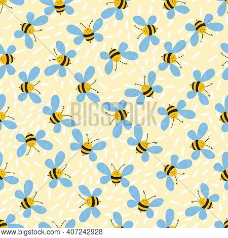 Seamless Pattern With Bees On Light Background. Adorable Cartoon Wasp Characters. Template Design Fo