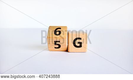Time To 6g Symbol. Turned A Wooden Cube And Changes Sign 5g To 6g. Technology, Business, Network, Co