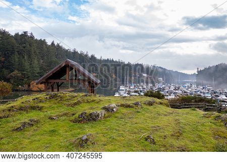 View Of A Marina Filled With Boats At Pedder Bay In The Pacific Northwest, Vancouver Island, Canada