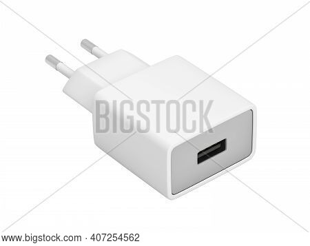 Smartphone Power Adapter With Usb Port On White Background, 3d Illustration