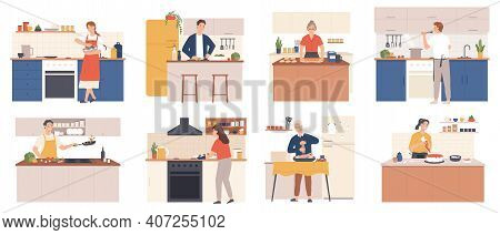 People Cooking At Home. Men And Women Preparing Food In Kitchen Interior. Characters Bake, Fry And B