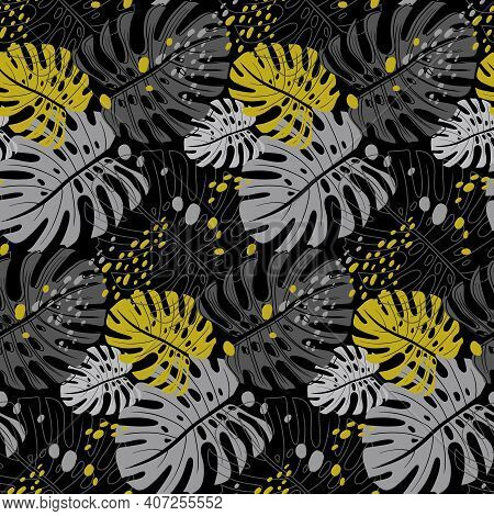 Modern Seamless Pattern With Monstera Leaves On Black Background With Gray Leaves For Fabric And Sur