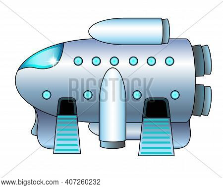 The Spacecraft Is On The Ground With Open Locks And Ramps Lowered. Spaceship At The Cosmodrome. Star