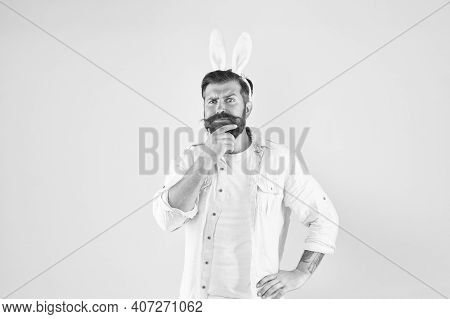 Beard For Your Face Shape. Easter Rabbit Touch Beard Yellow Background. Bearded Man With Stylish Bea