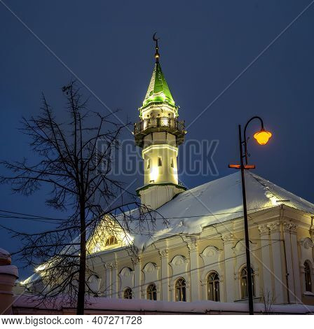 Old Mosque Al-marjan With A Minaret In Kazan, Republic Of Tatarstan, Russia. Night Photography. The 
