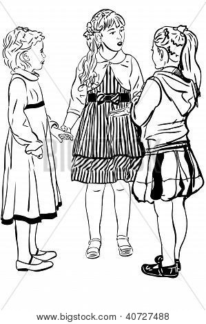 bosquejo tres amigas de la chica hablan en vestidos