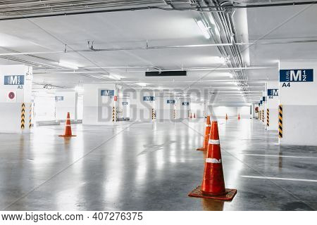Car Parking Lot Floor Area Of Shopping Mall, Perspective View Empty Of Car Park Structure Building A