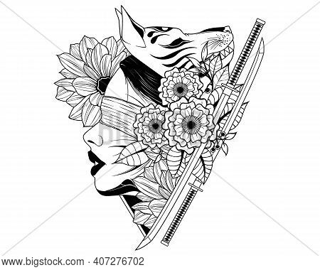 Katana Girl Samurai Fox Demon Flower Mask