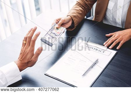Businessman Partner Hand Gesture Rejecting Refusing Money, Anticorruption Concept