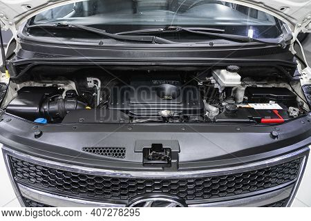 Novosibirsk, Russia - February 07 2021: Hyundai Starex, Close Up Detail Of  Car Engine, Front View. 