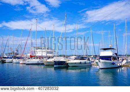 PULA, CROATIA - SEPTMBER 18, 2020: Yachts in the adriatic sea harbour of Pula, Croatia, Europe