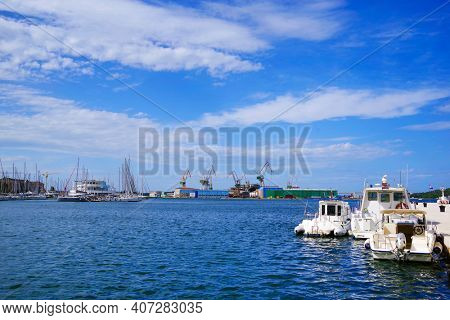 PULA, CROATIA - SEPTMBER 18, 2020: Yachts in the adriatic sea harbour of Pula, Croatia, Europe