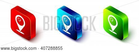 Isometric Map Pointer With Billiard Pool Snooker Ball With Number 8 Icon Isolated On White Backgroun