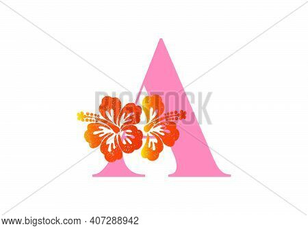 Monogram Initials Letter A With Hibiscus Flower On White Background.
