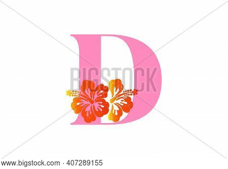 Monogram Initials Letter D With Hibiscus Flower On White Background.