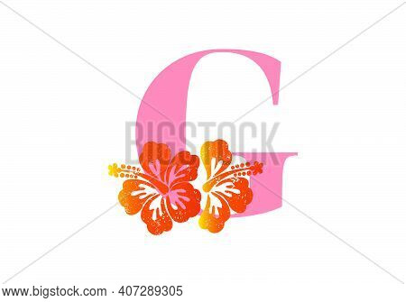Monogram Initials Letter G With Hibiscus Flower On White Background.