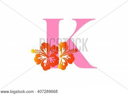 Monogram Initials Letter K With Hibiscus Flower On White Background.