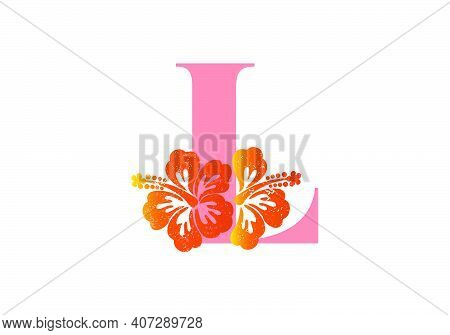 Monogram Initials Letter L With Hibiscus Flower On White Background.