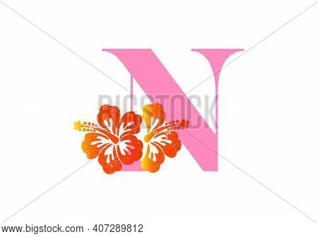 Monogram Initials Letter N With Hibiscus Flower On White Background.