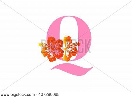 Monogram Initials Letter Q With Hibiscus Flower On White Background.