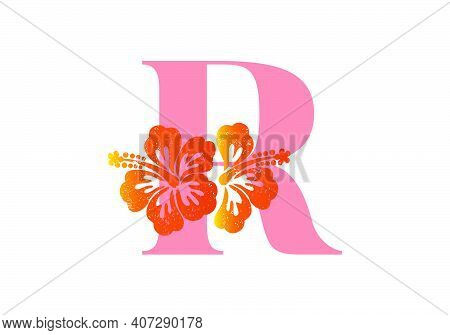 Monogram Initials Letter R With Hibiscus Flower On White Background.