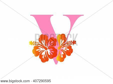 Monogram Initials Letter V With Hibiscus Flower On White Background.